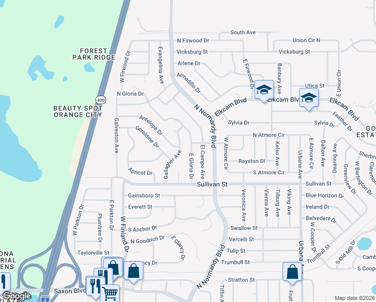 map of restaurants, bars, coffee shops, grocery stores, and more near 2092 East Gloria Drive in Deltona