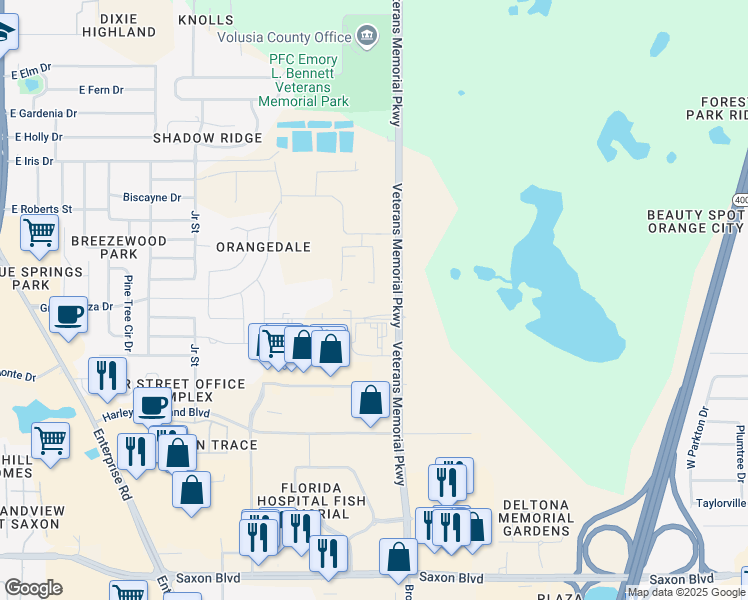map of restaurants, bars, coffee shops, grocery stores, and more near 1101 Big Bend Avenue in Orange City