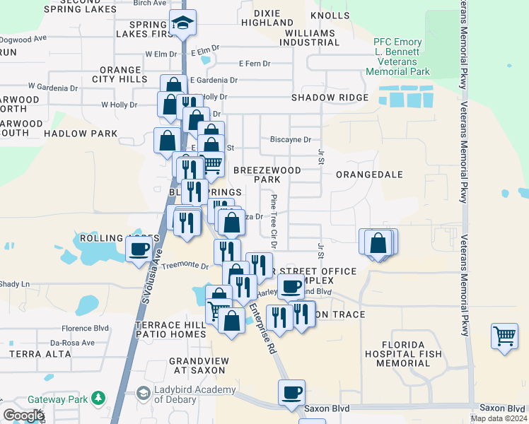 map of restaurants, bars, coffee shops, grocery stores, and more near 625 Grand Plaza Drive in Orange City