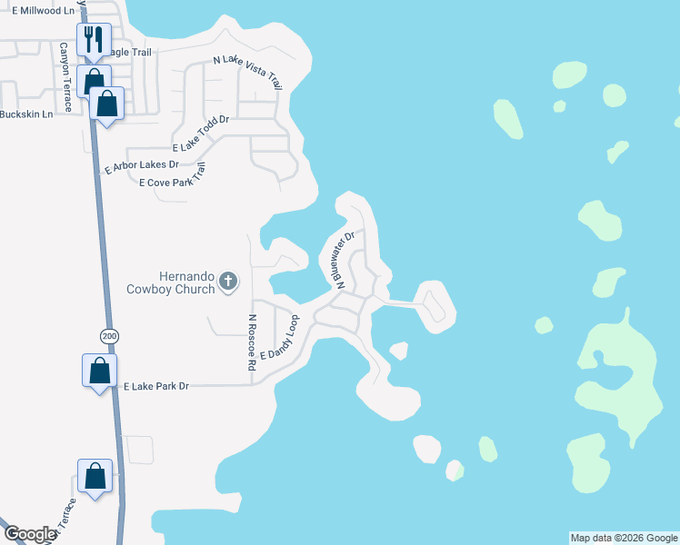 map of restaurants, bars, coffee shops, grocery stores, and more near 4025 North Bluewater Drive in Hernando