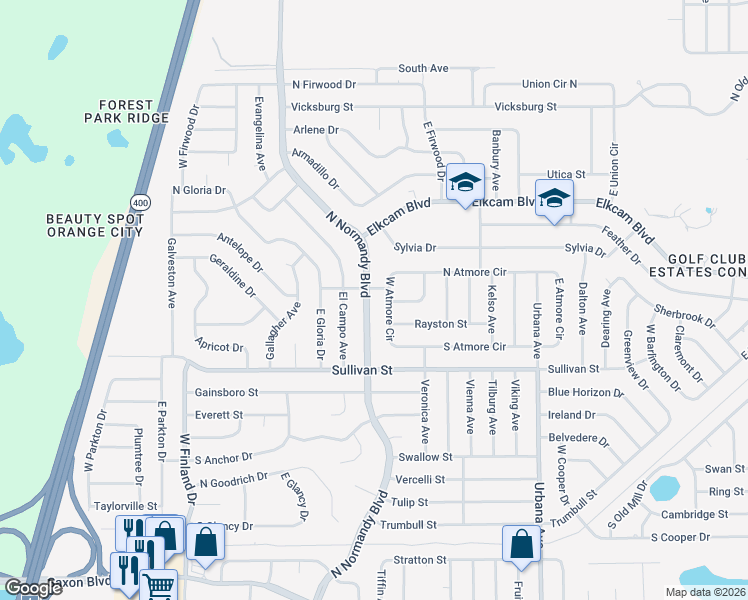 map of restaurants, bars, coffee shops, grocery stores, and more near 2089 North Normandy Boulevard in Deltona