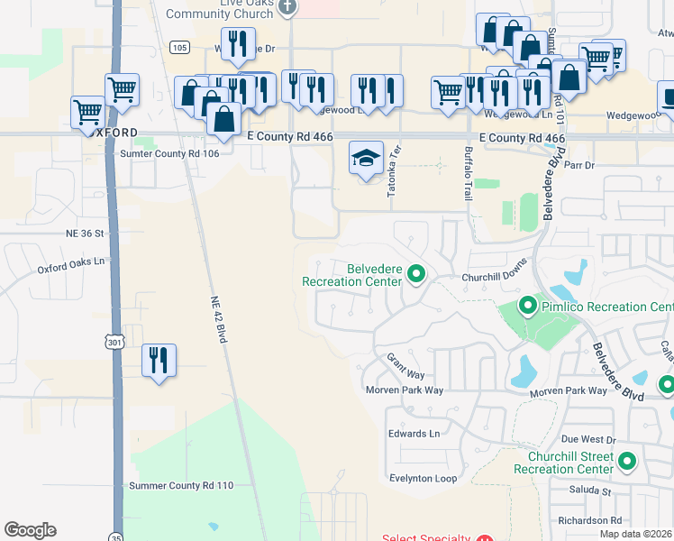 map of restaurants, bars, coffee shops, grocery stores, and more near 2849 Remington Road in The Villages