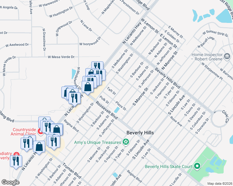 map of restaurants, bars, coffee shops, grocery stores, and more near 49 South Barbour Street in Beverly Hills