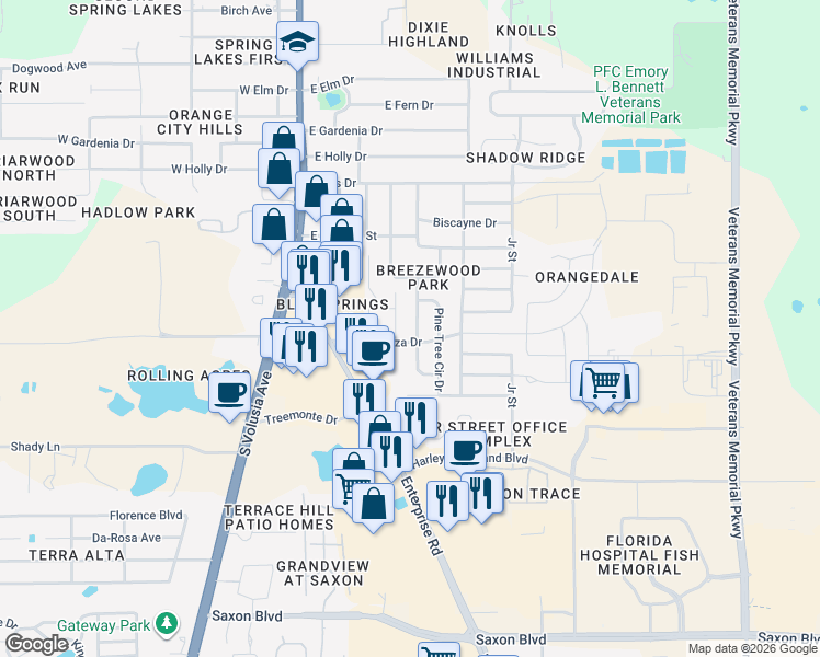map of restaurants, bars, coffee shops, grocery stores, and more near 2435 South Parkview Avenue in Orange City