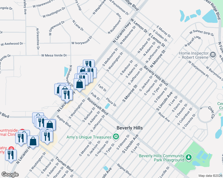 map of restaurants, bars, coffee shops, grocery stores, and more near 49 South Barbour Street in Beverly Hills