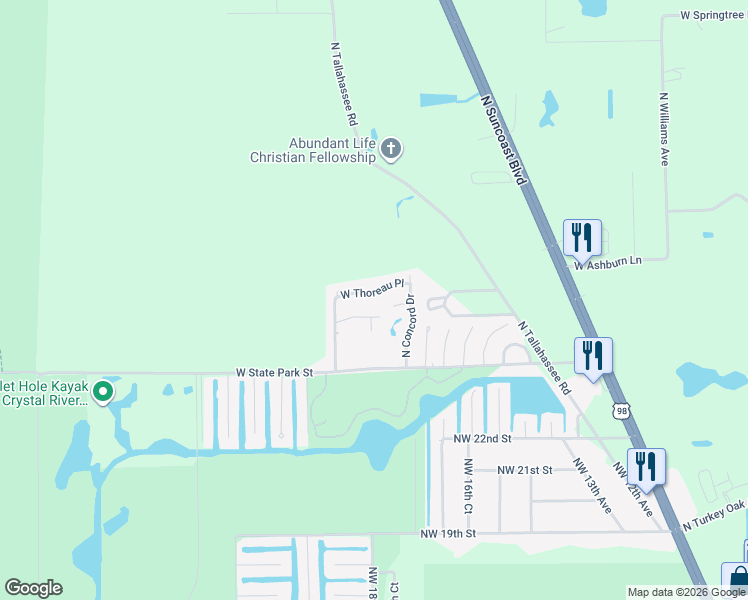 map of restaurants, bars, coffee shops, grocery stores, and more near 11111 West Samson Lane in Crystal River