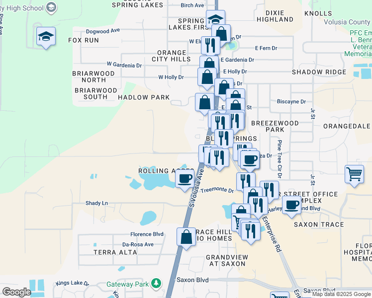 map of restaurants, bars, coffee shops, grocery stores, and more near 130 Miller Road in DeLand