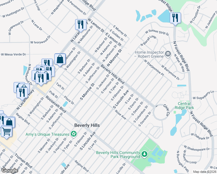 map of restaurants, bars, coffee shops, grocery stores, and more near 20 South Tyler Street in Beverly Hills