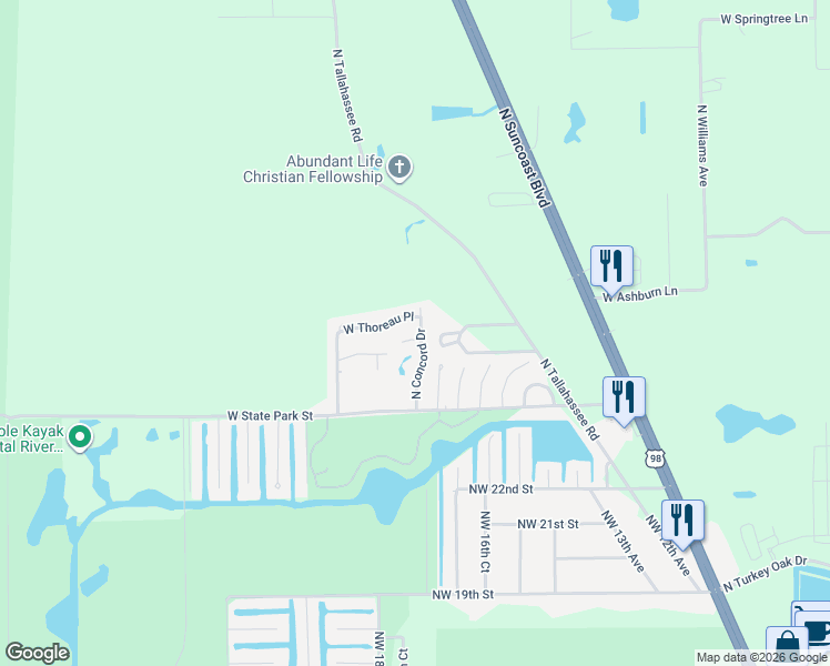 map of restaurants, bars, coffee shops, grocery stores, and more near 4190 North Concord Drive in Crystal River