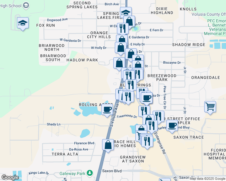 map of restaurants, bars, coffee shops, grocery stores, and more near 130 Miller Road in Orange City