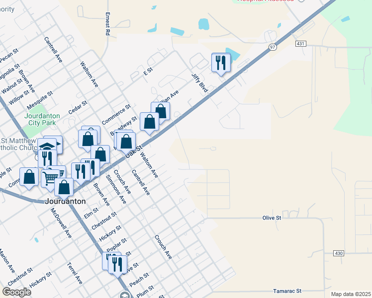 map of restaurants, bars, coffee shops, grocery stores, and more near 1103 Champion Drive in Jourdanton