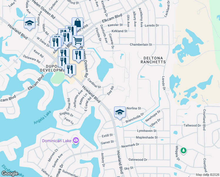 map of restaurants, bars, coffee shops, grocery stores, and more near 2940 Day Road in Deltona