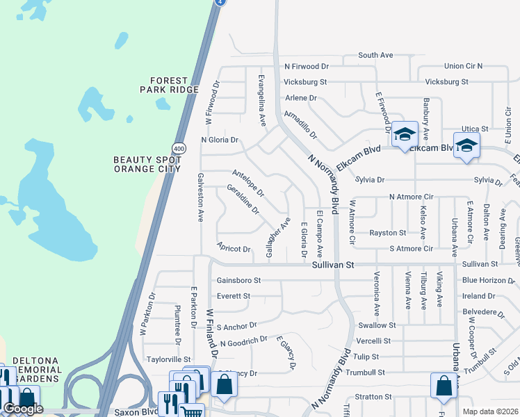 map of restaurants, bars, coffee shops, grocery stores, and more near 574 Gondolier Terrace in Deltona