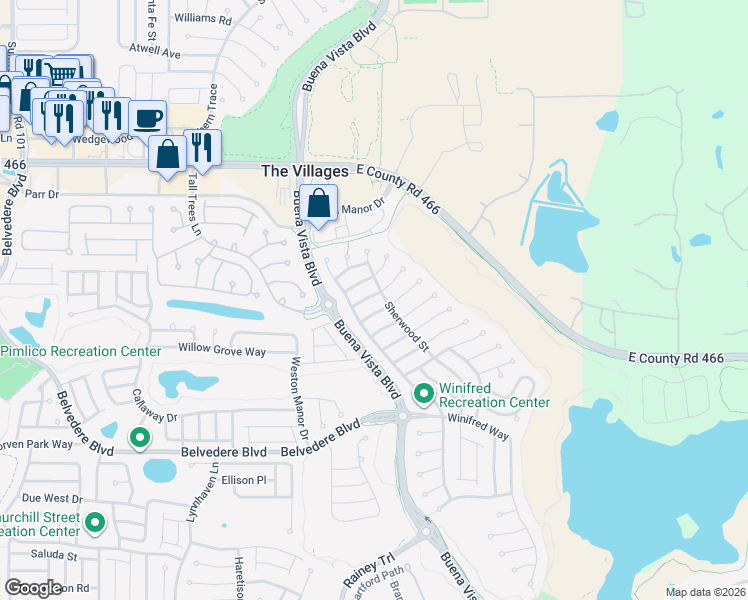map of restaurants, bars, coffee shops, grocery stores, and more near 1924 Walden Way in The Villages
