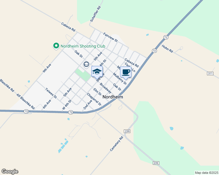 map of restaurants, bars, coffee shops, grocery stores, and more near 211 Oak Street in Nordheim
