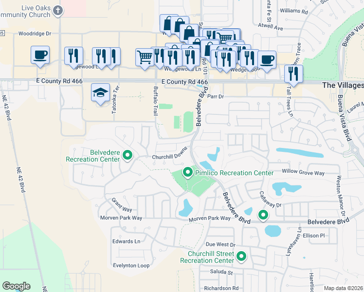 map of restaurants, bars, coffee shops, grocery stores, and more near 2575 Hialeah Avenue in The Villages
