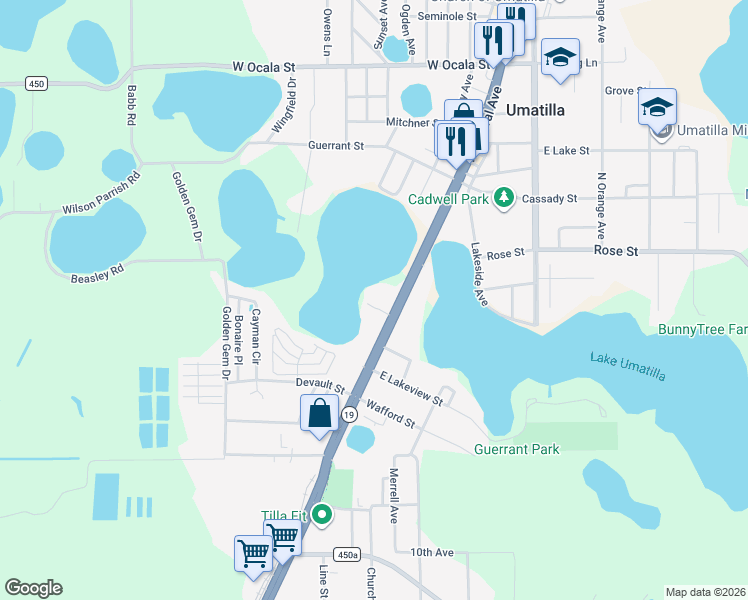 map of restaurants, bars, coffee shops, grocery stores, and more near 196 South Central Avenue in Umatilla