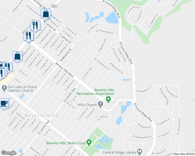map of restaurants, bars, coffee shops, grocery stores, and more near 4198 North Davis Street in Beverly Hills