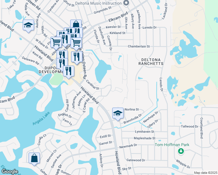 map of restaurants, bars, coffee shops, grocery stores, and more near 2952 Cardinal Street in Deltona