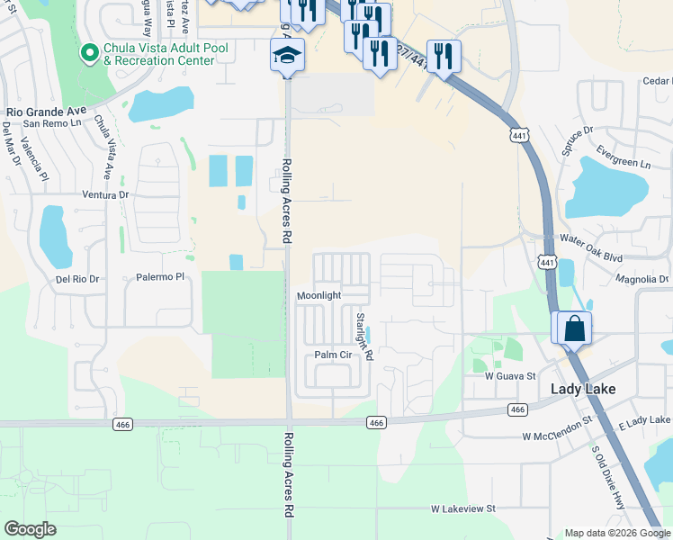 map of restaurants, bars, coffee shops, grocery stores, and more near Logan Ln in Lady Lake