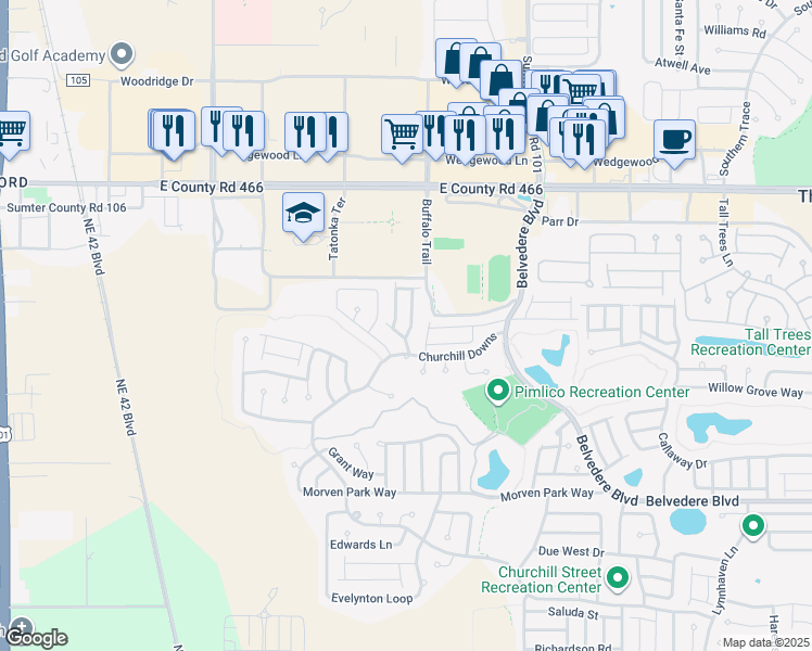 map of restaurants, bars, coffee shops, grocery stores, and more near 421 Rosecroft Terrace in The Villages