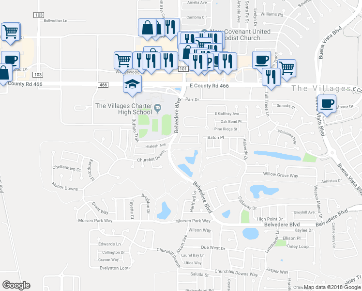 map of restaurants, bars, coffee shops, grocery stores, and more near 2494 Green Hill Trail in The Villages