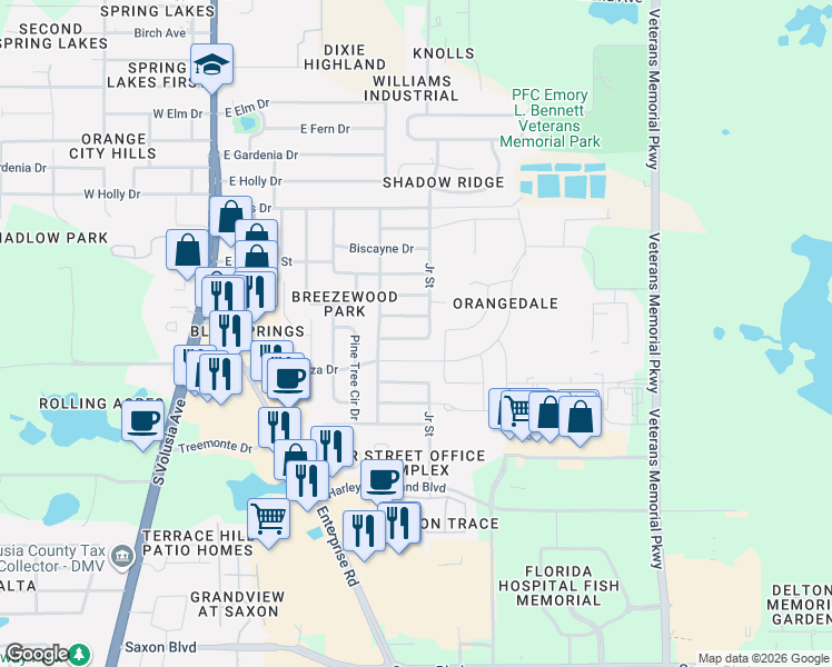 map of restaurants, bars, coffee shops, grocery stores, and more near 760 Eastridge Drive in Orange City