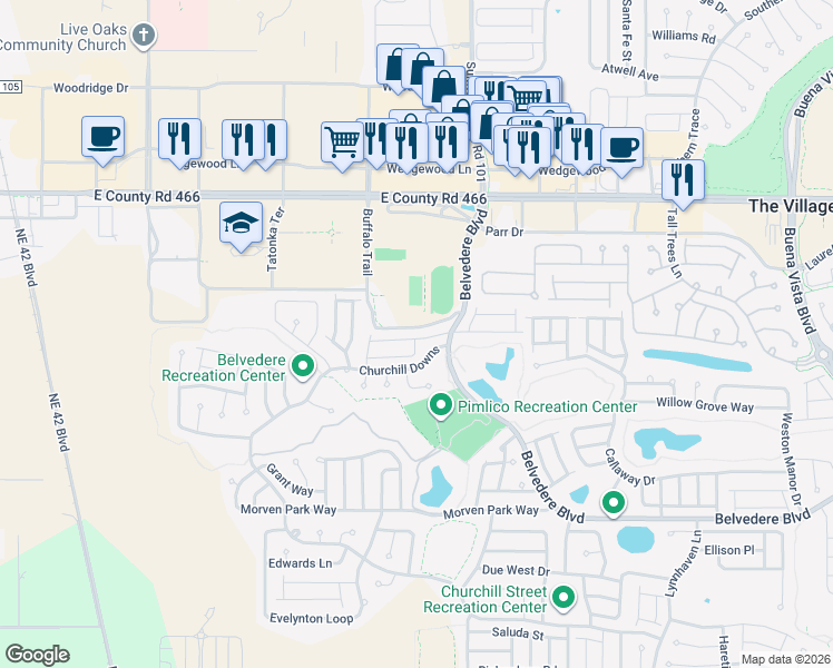 map of restaurants, bars, coffee shops, grocery stores, and more near 2575 Hialeah Avenue in The Villages