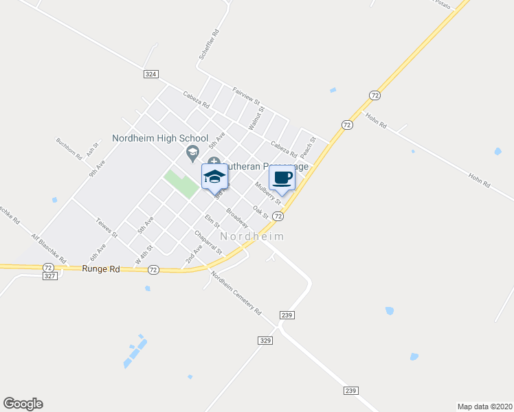 map of restaurants, bars, coffee shops, grocery stores, and more near 211 Oak Street in Nordheim
