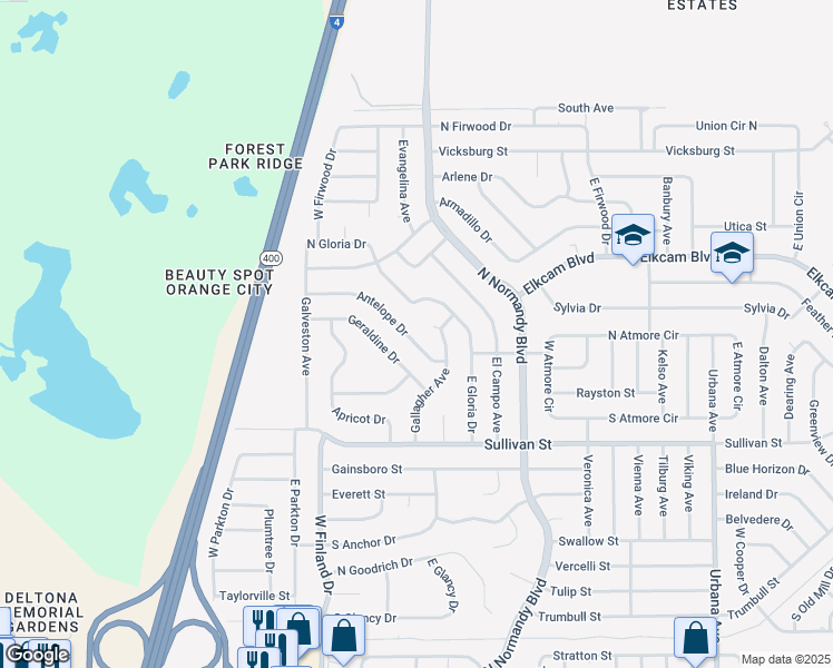 map of restaurants, bars, coffee shops, grocery stores, and more near 574 Antelope Drive in Deltona