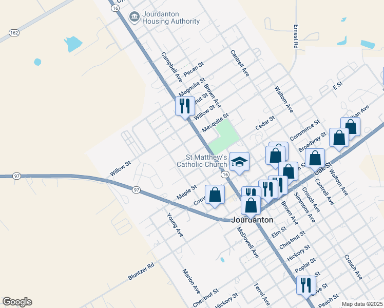 map of restaurants, bars, coffee shops, grocery stores, and more near 1907 McDowell Avenue in Jourdanton