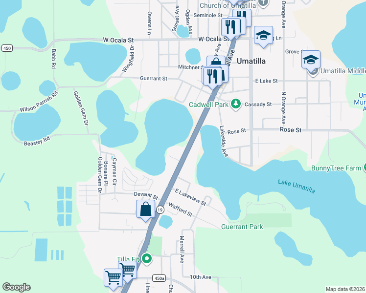 map of restaurants, bars, coffee shops, grocery stores, and more near 196 South Central Avenue in Umatilla