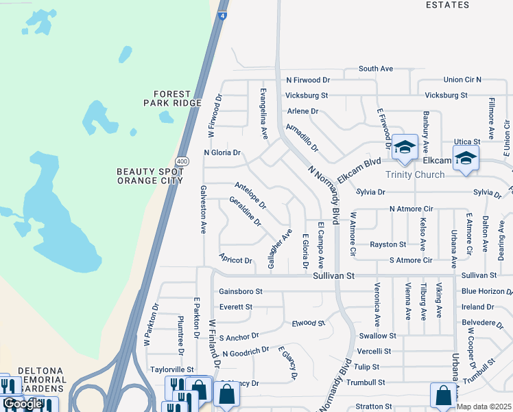 map of restaurants, bars, coffee shops, grocery stores, and more near 557 Antelope Drive in Deltona