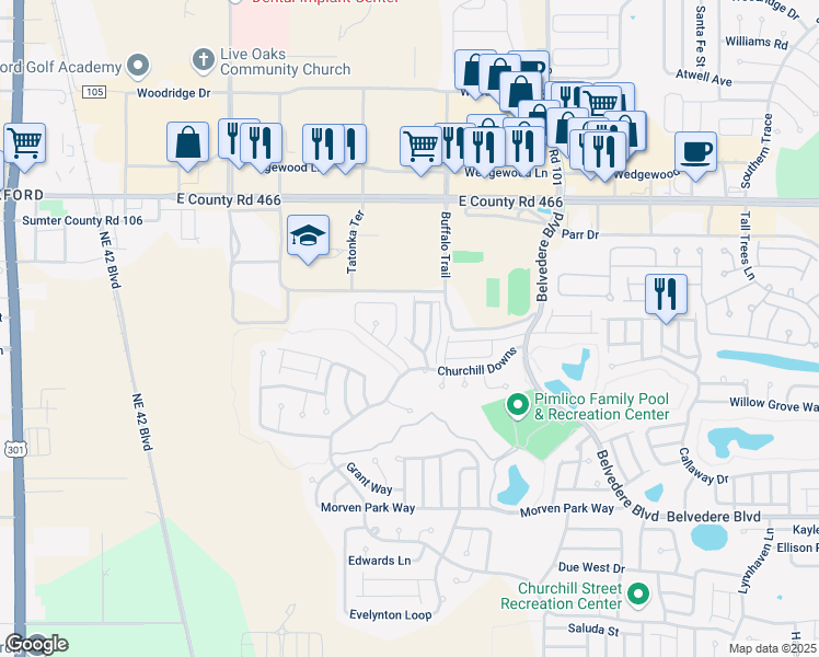 map of restaurants, bars, coffee shops, grocery stores, and more near 421 Rosecroft Terrace in The Villages