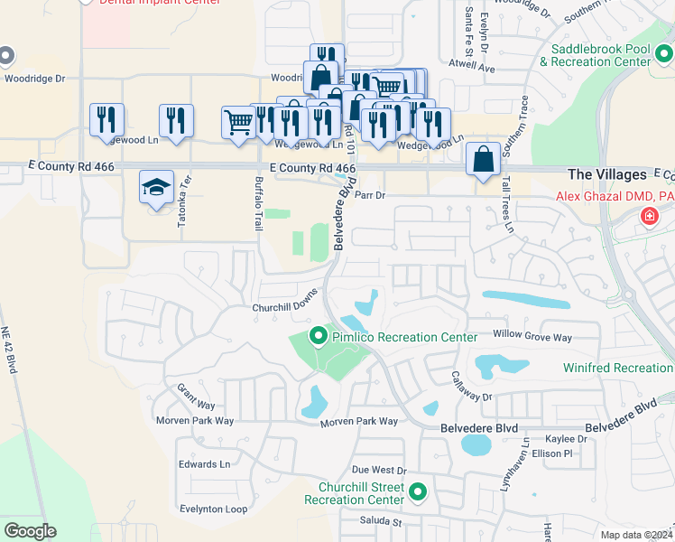 map of restaurants, bars, coffee shops, grocery stores, and more near 2539 Hialeah Avenue in The Villages