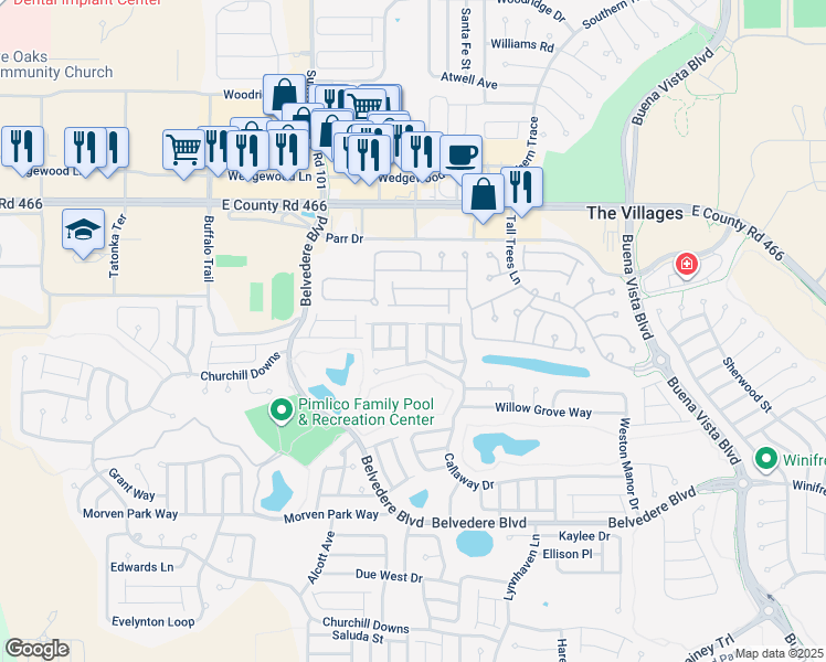 map of restaurants, bars, coffee shops, grocery stores, and more near 429 Ingleside Drive in The Villages