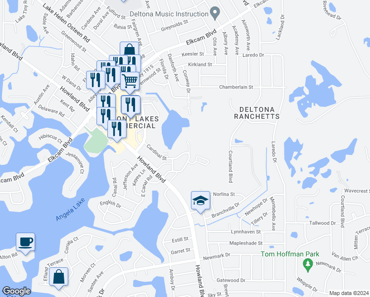 map of restaurants, bars, coffee shops, grocery stores, and more near 2952 Cardinal Street in Deltona