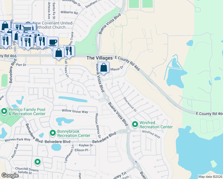 map of restaurants, bars, coffee shops, grocery stores, and more near 1976 Somerset Avenue in The Villages
