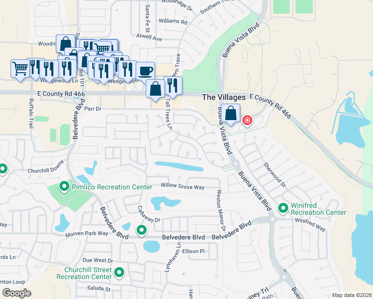 map of restaurants, bars, coffee shops, grocery stores, and more near 2093 Welcome Way in The Villages