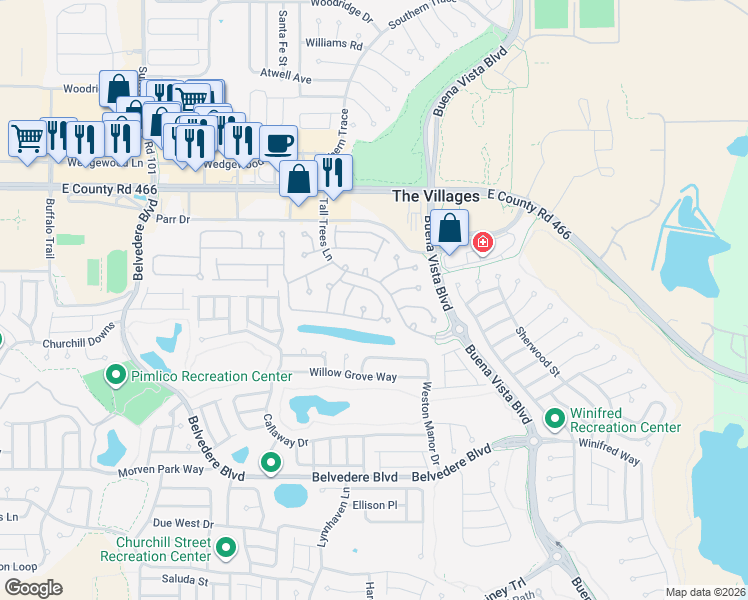 map of restaurants, bars, coffee shops, grocery stores, and more near 2093 Welcome Way in The Villages