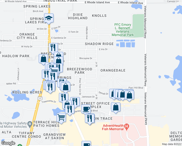 map of restaurants, bars, coffee shops, grocery stores, and more near 740 Eastridge Drive in Orange City