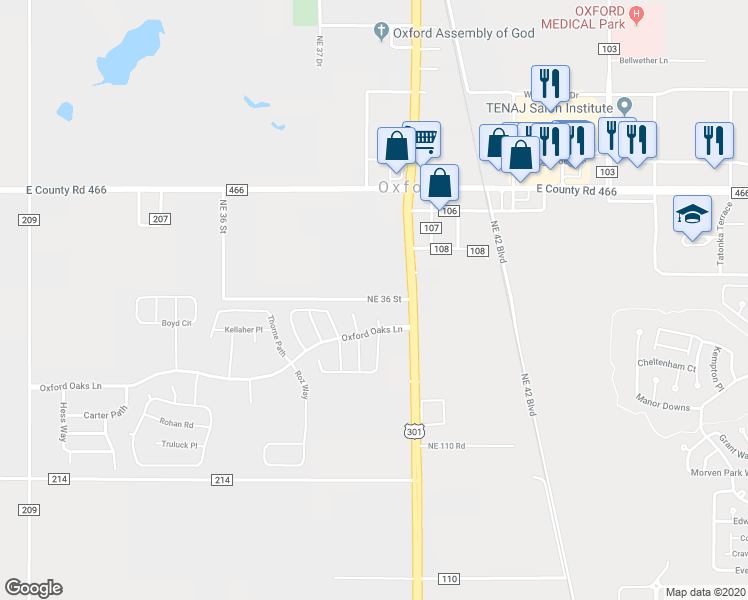 map of restaurants, bars, coffee shops, grocery stores, and more near Northeast 36 Street in Oxford