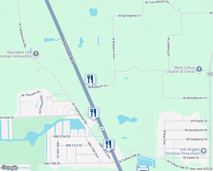 map of restaurants, bars, coffee shops, grocery stores, and more near 10456 West Ashburn Lane in Crystal River