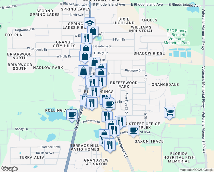map of restaurants, bars, coffee shops, grocery stores, and more near 101 Grand Plaza Drive in Orange City