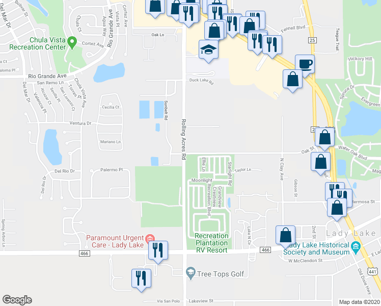 map of restaurants, bars, coffee shops, grocery stores, and more near 2311 Oak Street in Lady Lake