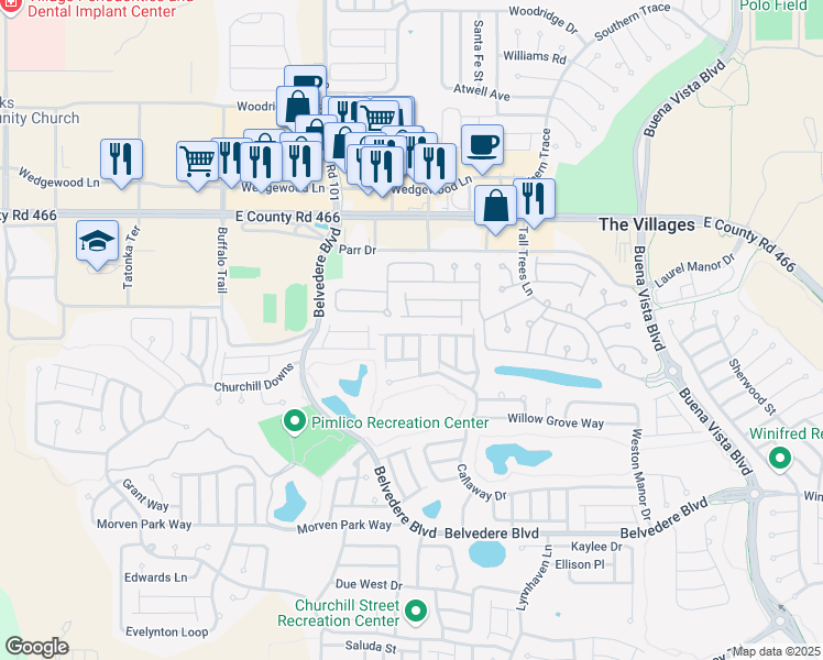 map of restaurants, bars, coffee shops, grocery stores, and more near 2371 Baton Place in The Villages