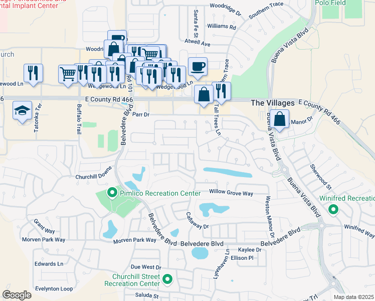 map of restaurants, bars, coffee shops, grocery stores, and more near 2315 Kenilworth Place in The Villages