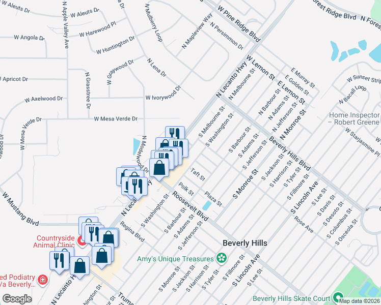 map of restaurants, bars, coffee shops, grocery stores, and more near 42-46 S Washington St in Beverly Hills