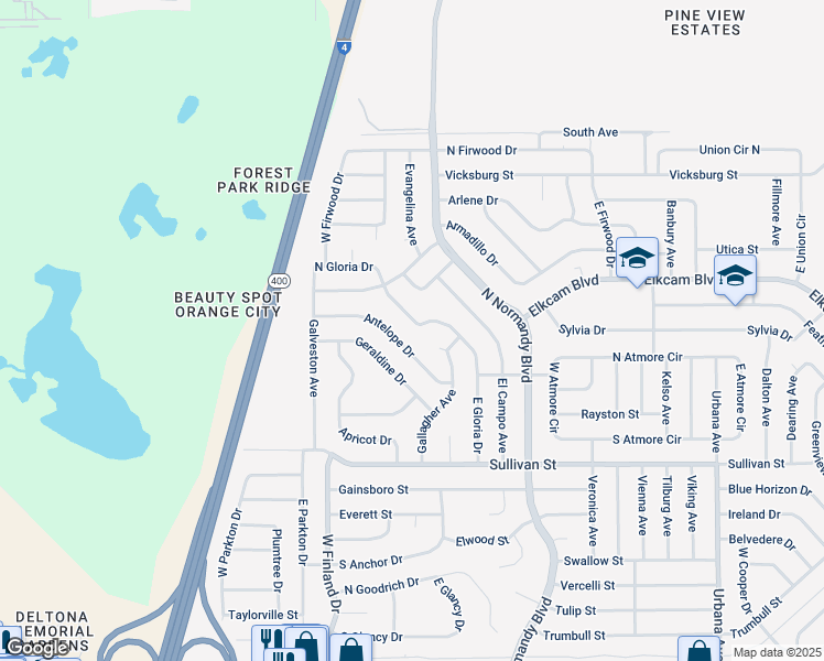 map of restaurants, bars, coffee shops, grocery stores, and more near 557 Antelope Drive in Deltona