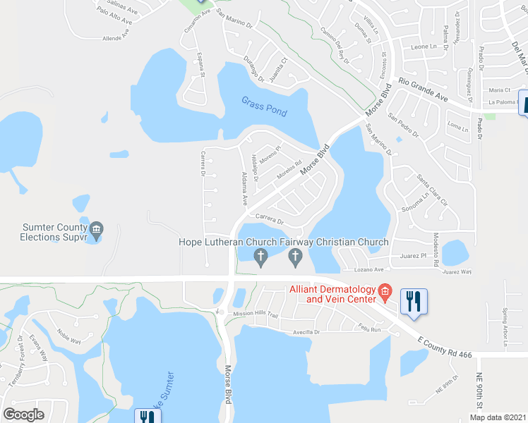 map of restaurants, bars, coffee shops, grocery stores, and more near 1718 Carrera Drive in The Villages